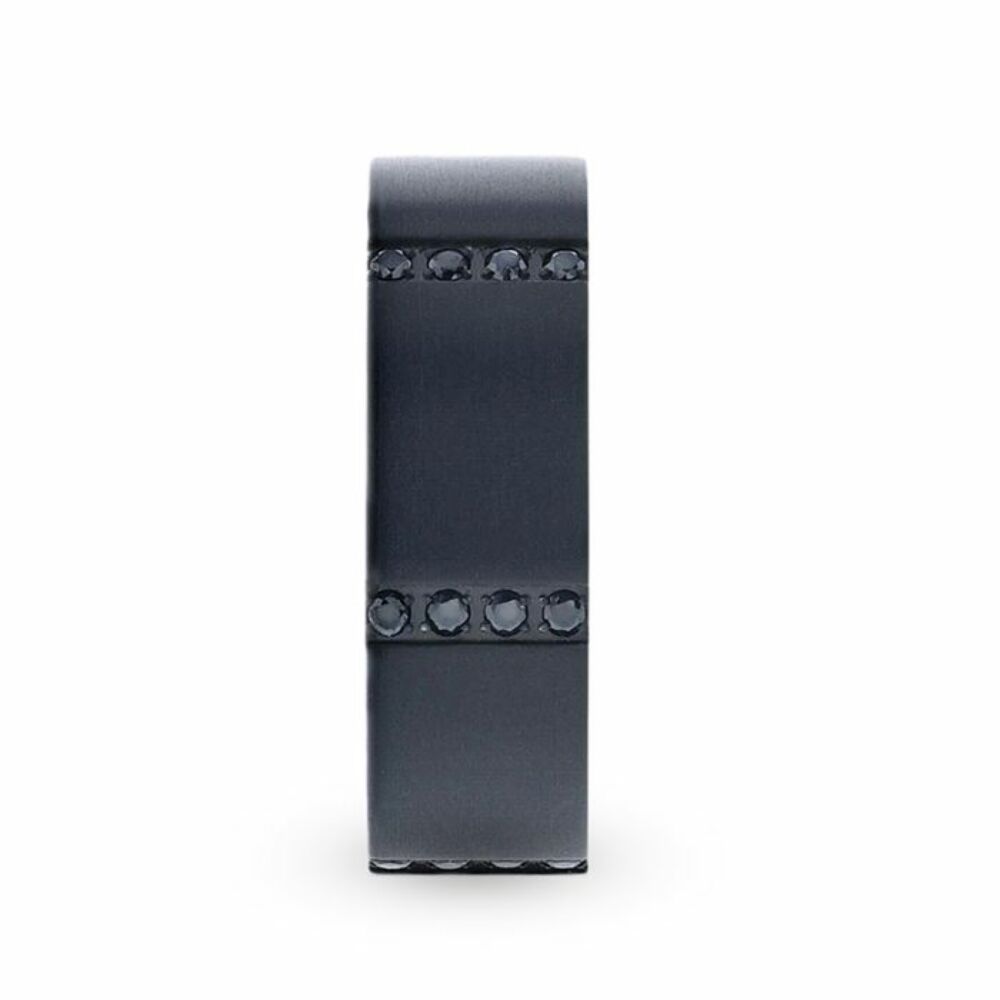 Mens Black Titanium 6 Sets Of Quadruple Black Sapphires In Horizontal Channels Wedding Ring - Flat Brushed Comfort Fit - 8mm Wide - Style name: MYSTERIOUS