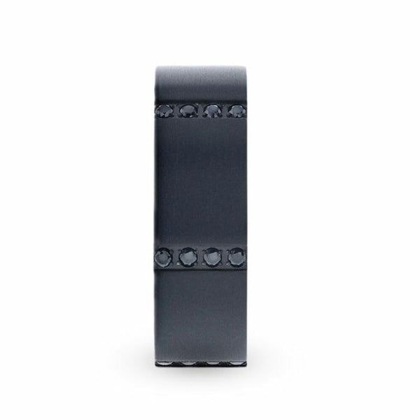 Mens Black Titanium 6 Sets Of Quadruple Black Sapphires In Horizontal Channels Wedding Ring - Flat Brushed Comfort Fit - 8mm Wide - Style name: MYSTERIOUS