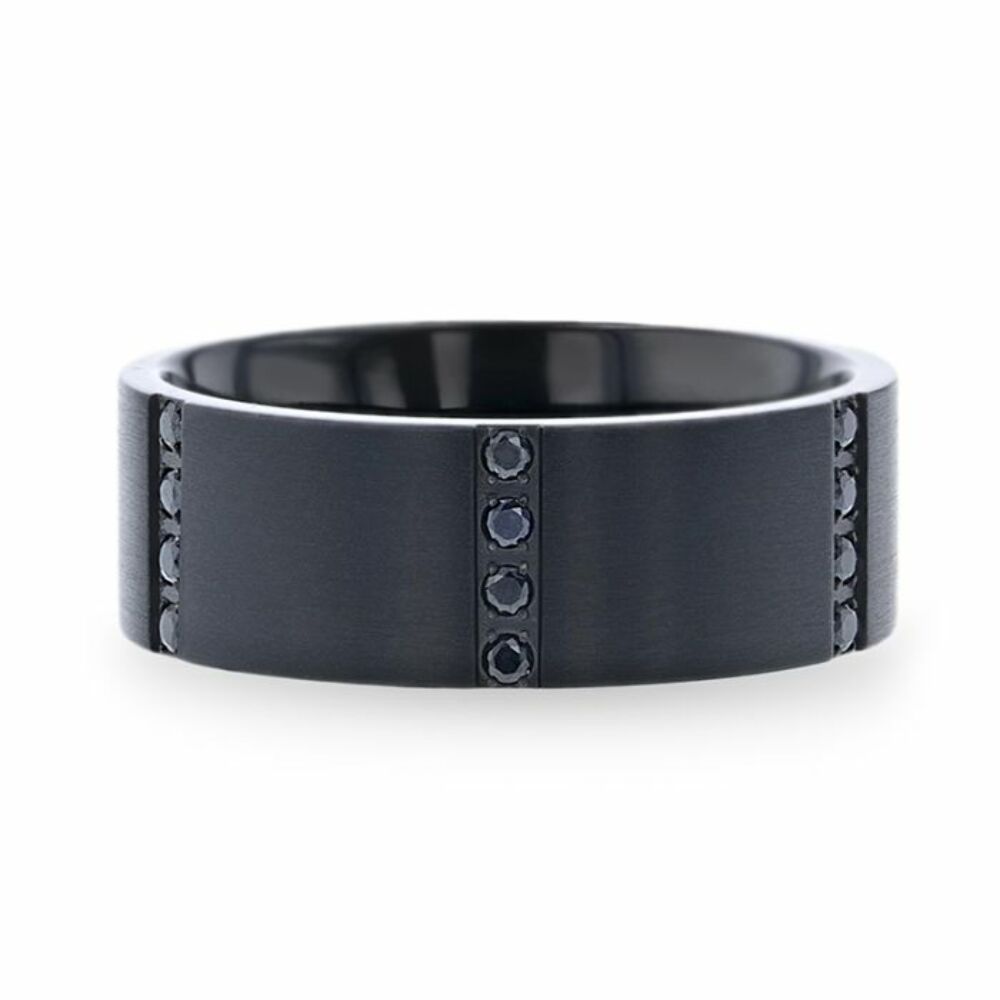 Mens Black Titanium 6 Sets Of Quadruple Black Sapphires In Horizontal Channels Wedding Ring - Flat Brushed Comfort Fit - 8mm Wide - Style name: MYSTERIOUS