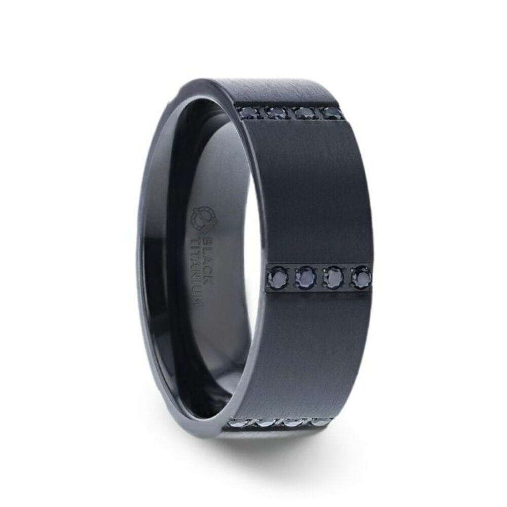 Mens Black Titanium 6 Sets Of Quadruple Black Sapphires In Horizontal Channels Wedding Ring - Flat Brushed Comfort Fit - 8mm Wide - Style name: MYSTERIOUS