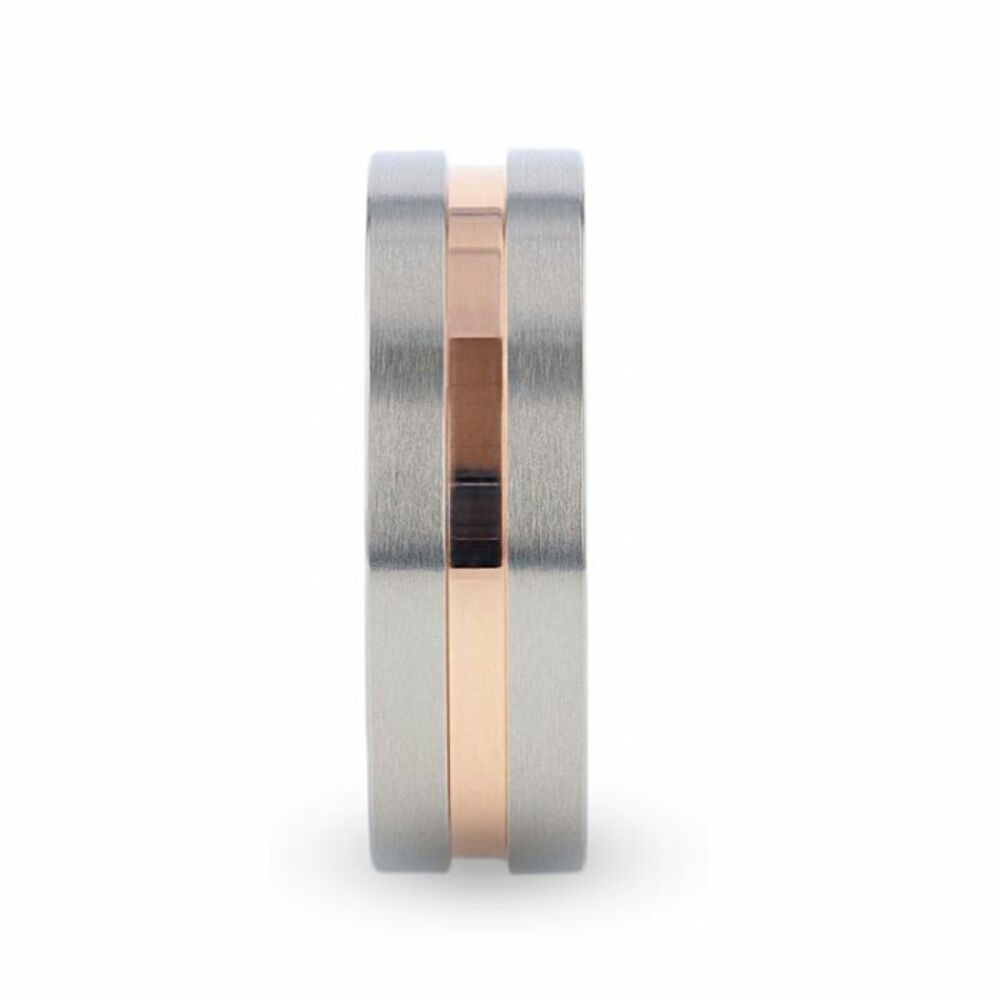 Mens Titanium Rose Gold Plated Groove Center Wedding Ring - Flat Brushed Comfort Fit - 8mm Wide - Style name: MARS