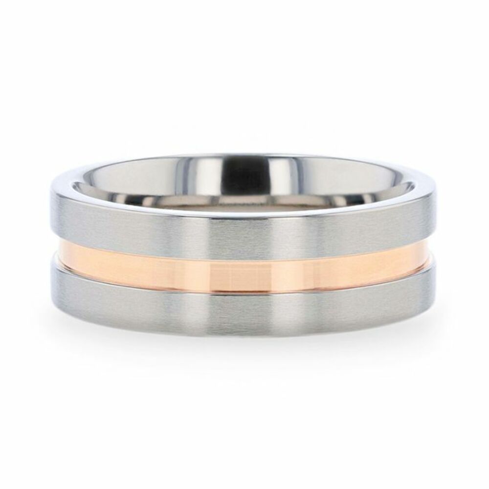 Mens Titanium Rose Gold Plated Groove Center Wedding Ring - Flat Brushed Comfort Fit - 8mm Wide - Style name: MARS