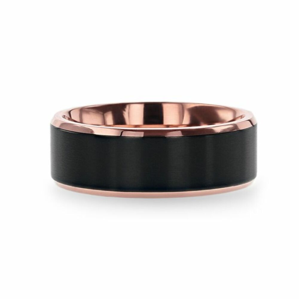 Mens Titanium Rose Gold Plated Flat Brushed Center Black Wedding Ring - Beveled Polished Comfort Fit - 6mm 8mm Wide - Style name: STEPHEN