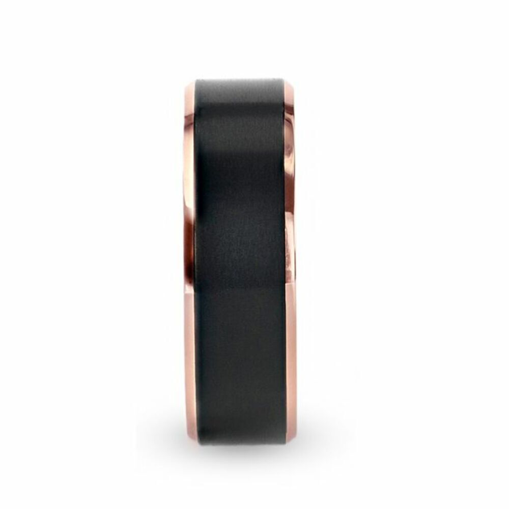 Mens Titanium Rose Gold Plated Flat Brushed Center Black Wedding Ring - Beveled Polished Comfort Fit - 6mm 8mm Wide - Style name: STEPHEN