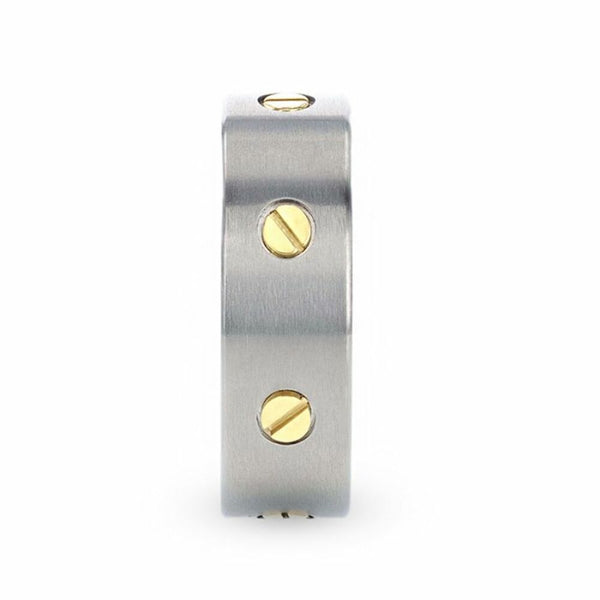 Mens Titanium Rotating Screw Design Wedding Ring - Flat Brushed Comfort Fit - 8mm Wide - Style name: RESOLUTE