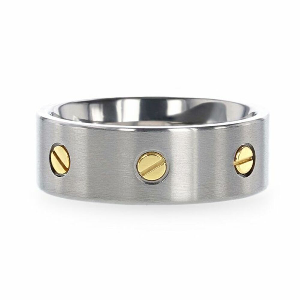 Mens Titanium Rotating Screw Design Wedding Ring - Flat Brushed Comfort Fit - 8mm Wide - Style name: RESOLUTE