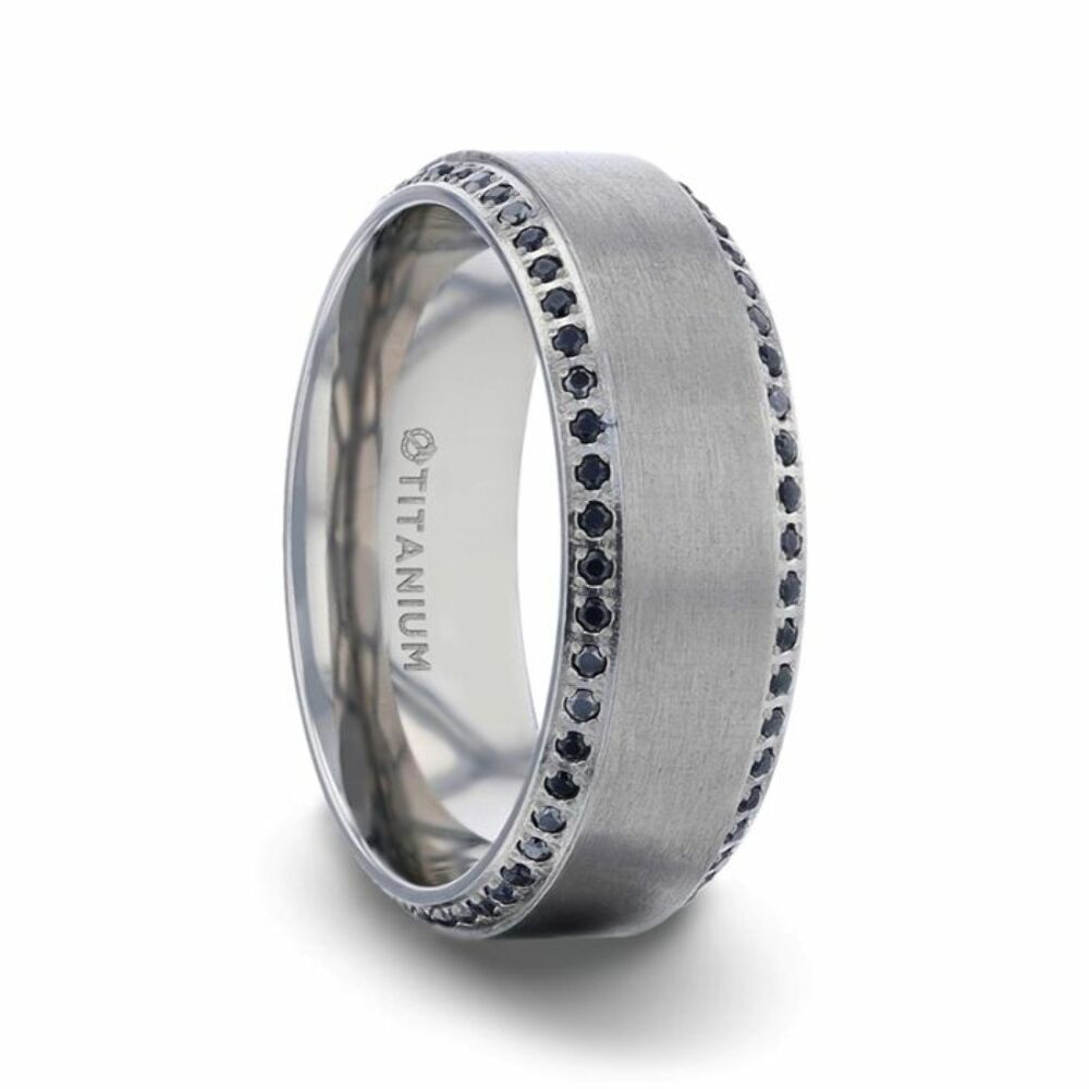 Mens Titanium Black Sapphire Polished Beveled Edges Wedding Ring - Flat Brushed Comfort Fit - 8mm Wide - Style name: CHAMPION