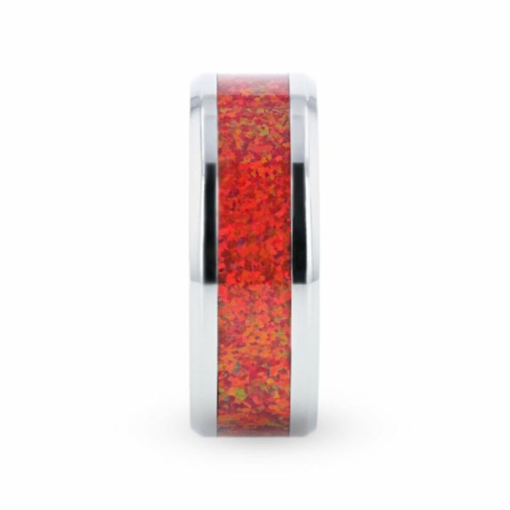 Mens Titanium Red Opal Inlay Wedding Ring - Beveled Comfort Fit - 8mm Wide - Style name: CASSIOPEIA