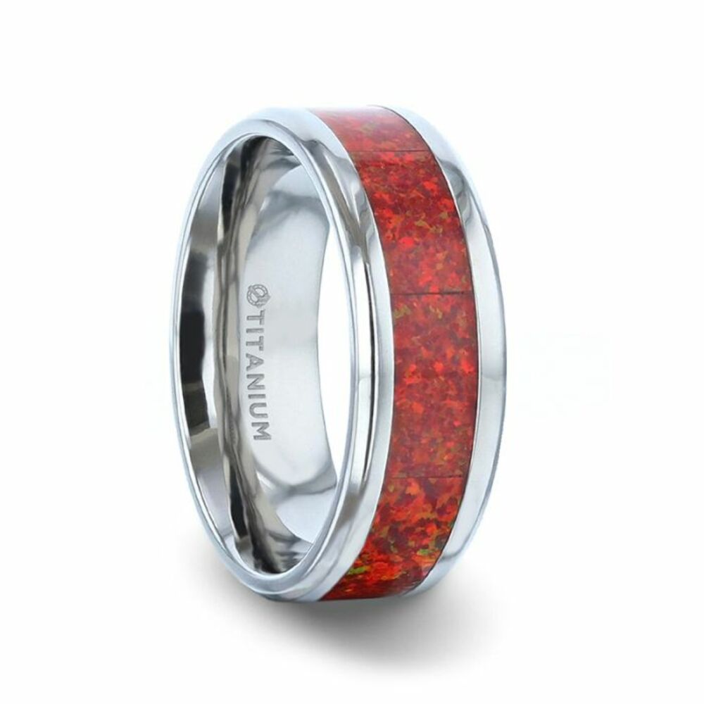 Mens Titanium Red Opal Inlay Wedding Ring - Beveled Comfort Fit - 8mm Wide - Style name: CASSIOPEIA