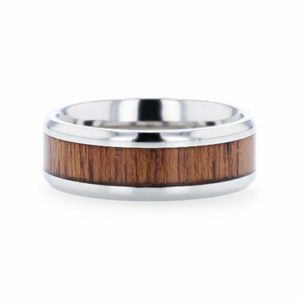 Mens Titanium Teak Wood Inlaid Flat Wedding Ring - Polished Beveled Comfort Fit - 8mm Wide - Style name: TECTON