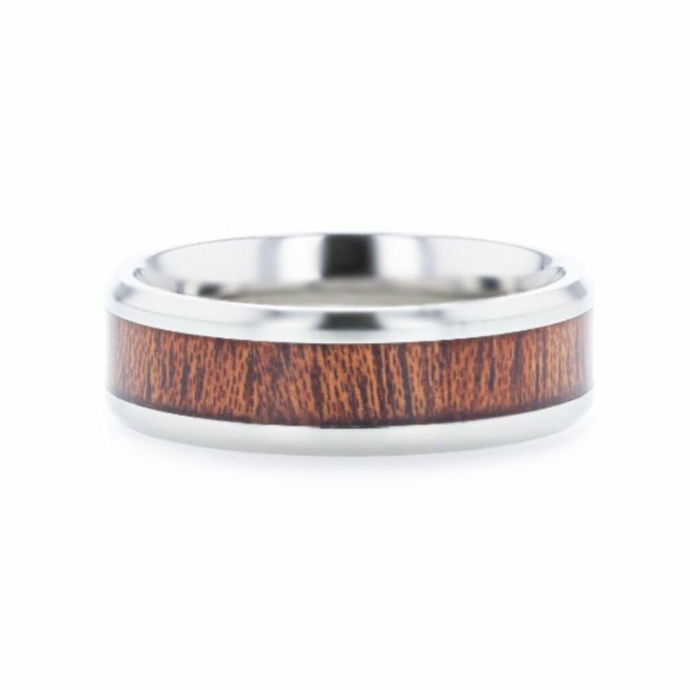 Mens Titanium Mahogany Wood Inlaid Flat Wedding Ring - Polished Beveled Comfort Fit - 8mm Wide - Style name: MELIA