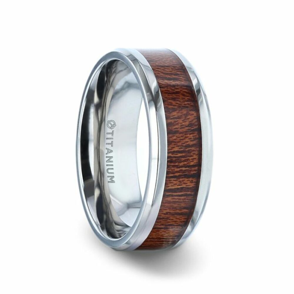 Mens Titanium Mahogany Wood Inlaid Flat Wedding Ring - Polished Beveled Comfort Fit - 8mm Wide - Style name: MELIA
