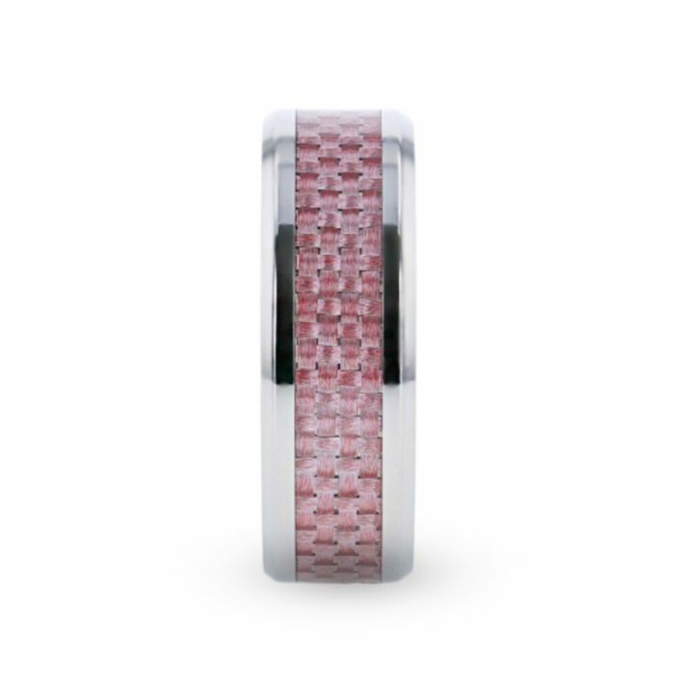 Mens Titanium Pink Carbon Fiber Inlaid Flat Wedding Ring - Beveled Polished Comfort Fit - 8mm Wide - Style name: DOMINIQUE