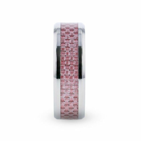 Mens Titanium Pink Carbon Fiber Inlaid Flat Wedding Ring - Beveled Polished Comfort Fit - 8mm Wide - Style name: DOMINIQUE