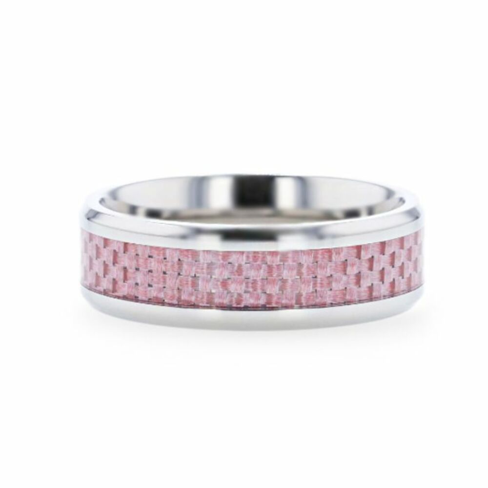 Mens Titanium Pink Carbon Fiber Inlaid Flat Wedding Ring - Beveled Polished Comfort Fit - 8mm Wide - Style name: DOMINIQUE