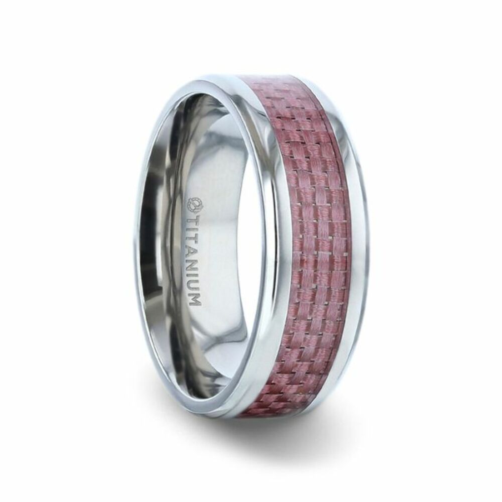 Mens Titanium Pink Carbon Fiber Inlaid Flat Wedding Ring - Beveled Polished Comfort Fit - 8mm Wide - Style name: DOMINIQUE