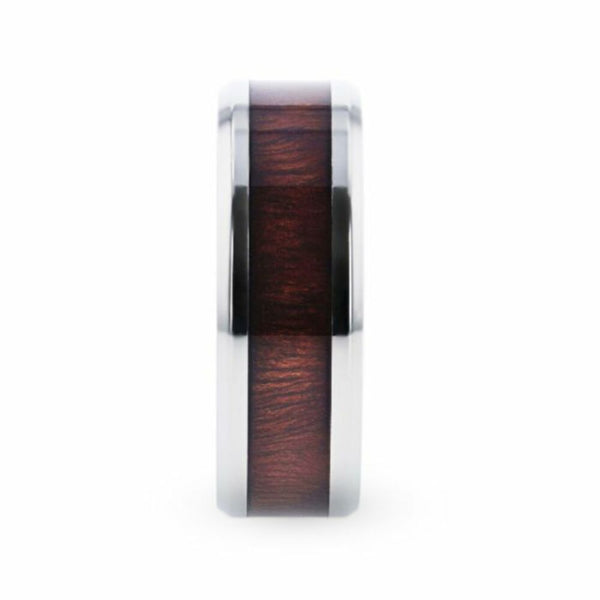 Mens Titanium Red Wood Inlaid Flat Wedding Ring - Polished Beveled Comfort Fit - 8mm Wide - Style name: SEQUIOA