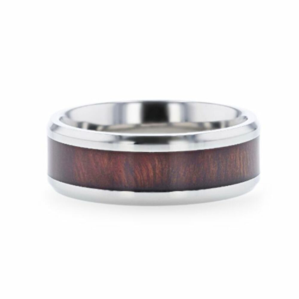 Mens Titanium Red Wood Inlaid Flat Wedding Ring - Polished Beveled Comfort Fit - 8mm Wide - Style name: SEQUIOA