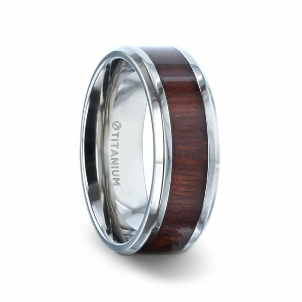 Mens Titanium Red Wood Inlaid Flat Wedding Ring - Polished Beveled Comfort Fit - 8mm Wide - Style name: SEQUIOA