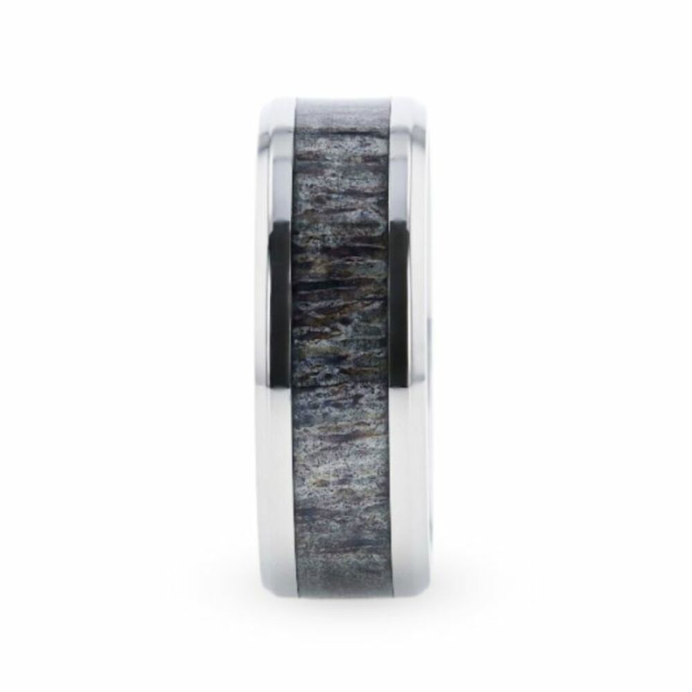 Mens Titanium Dark Deer Antler Inlaid Flat Wedding Ring - Polished Beveled Comfort Fit - 8mm Wide - Style name: MELANISTIC