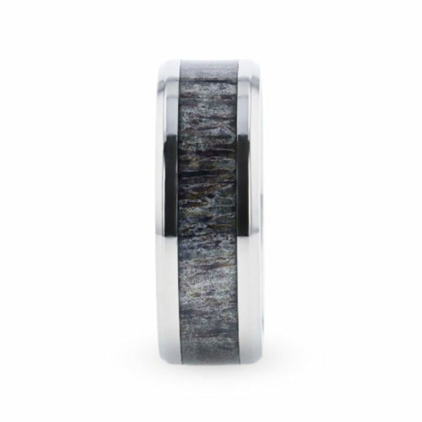 Mens Titanium Dark Deer Antler Inlaid Flat Wedding Ring - Polished Beveled Comfort Fit - 8mm Wide - Style name: MELANISTIC