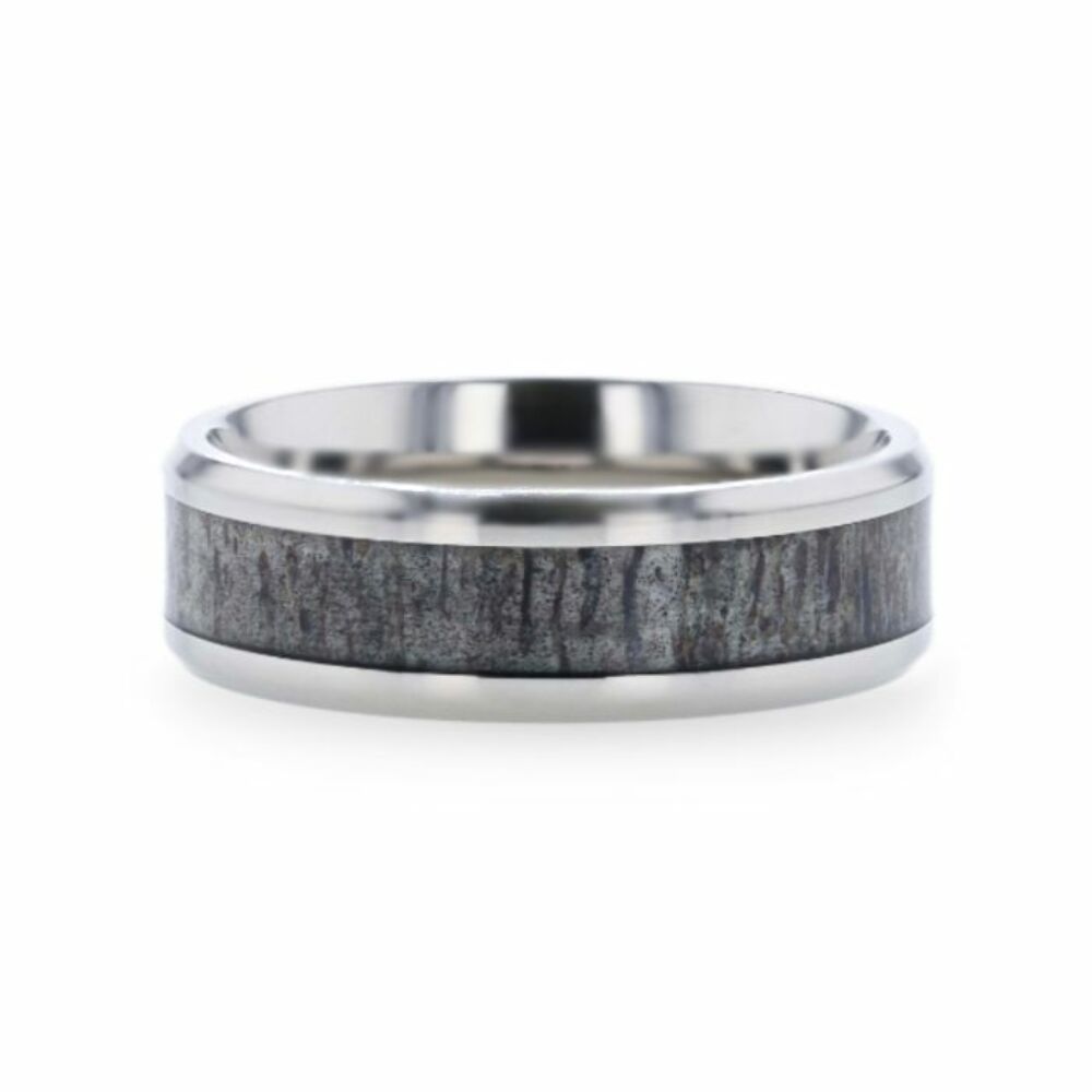 Mens Titanium Dark Deer Antler Inlaid Flat Wedding Ring - Polished Beveled Comfort Fit - 8mm Wide - Style name: MELANISTIC