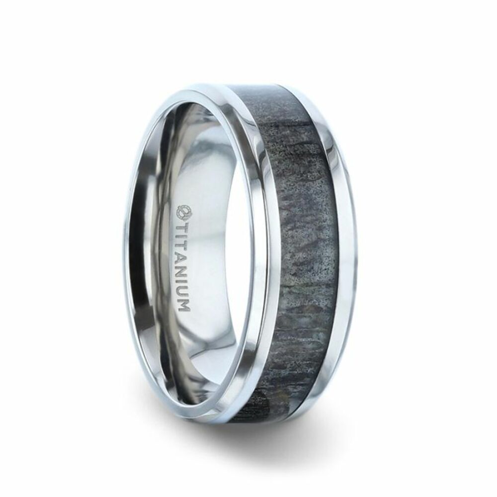 Mens Titanium Dark Deer Antler Inlaid Flat Wedding Ring - Polished Beveled Comfort Fit - 8mm Wide - Style name: MELANISTIC