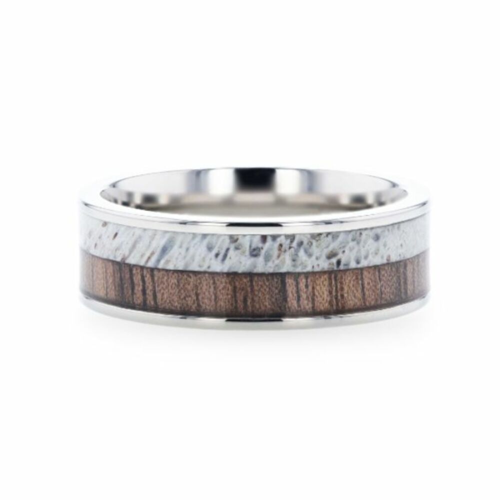 Mens Titanium Deer Antler Black Walnut Wood Inlay Wedding Ring - Flat Polished Comfort Fit - 8mm Wide - Style name: DARBY