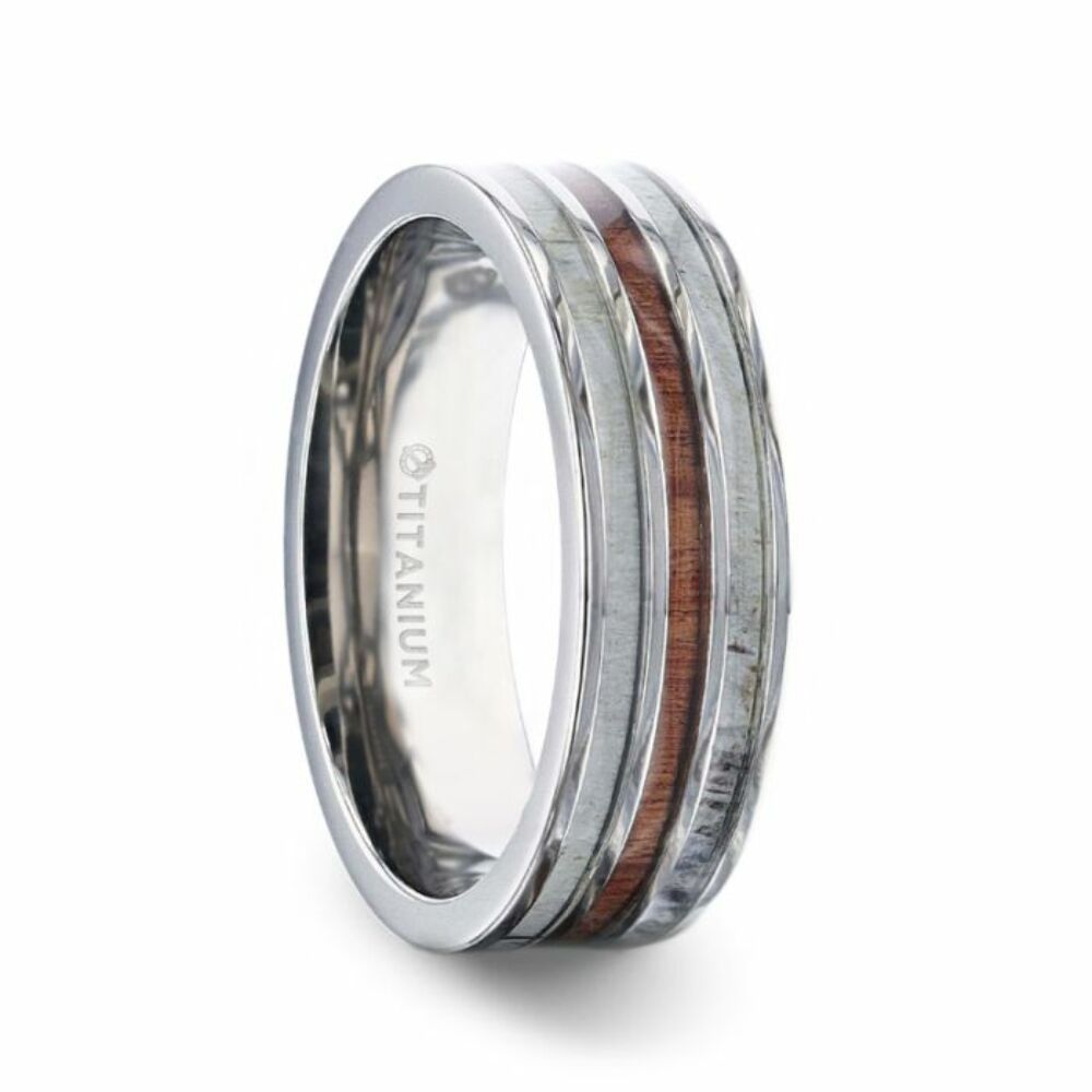 Mens Wood Inlaid Titanium White Double Deer Antler Edges Wedding Ring - Flat Polished Comfort Fit - 8mm Wide - Style name: TRIPOLI