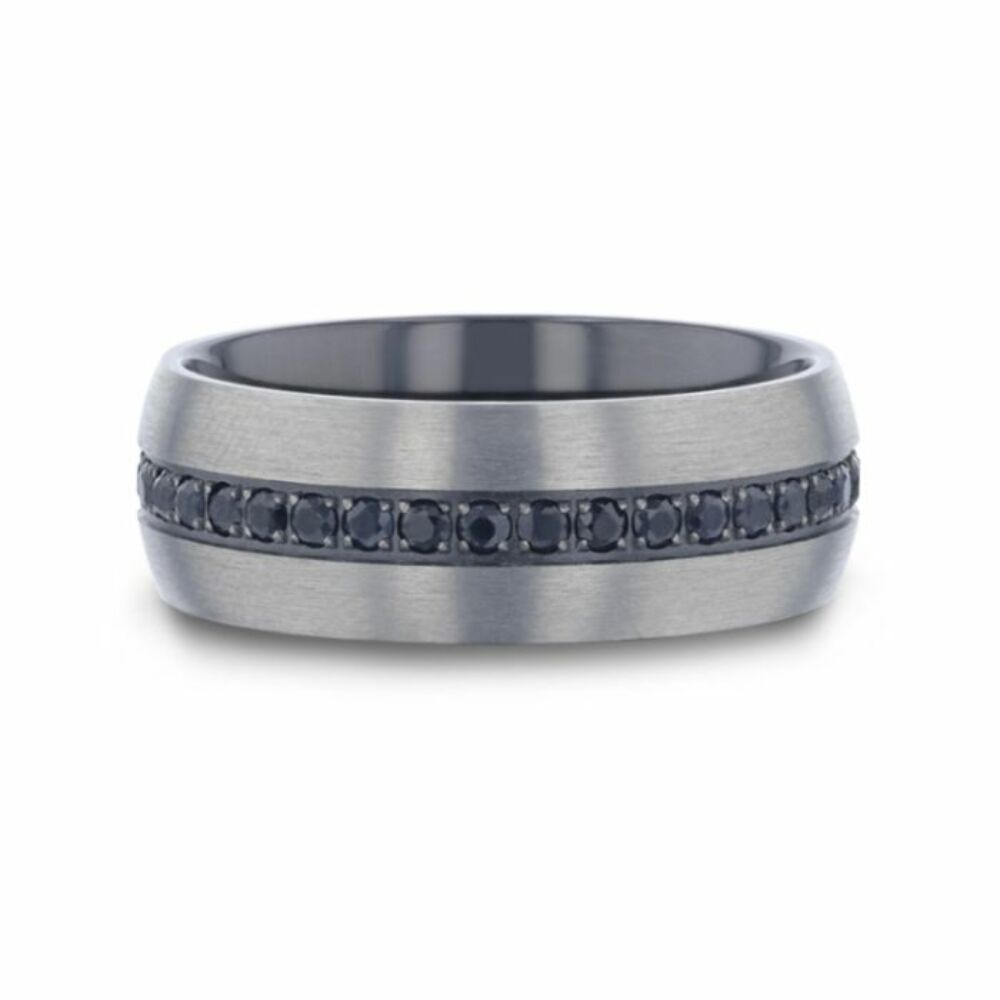 Mens Titanium Black Sapphire Stones Inlay Wedding Ring - Domed Brushed Comfort Fit - 8mm Wide - Style name: AVIATOR