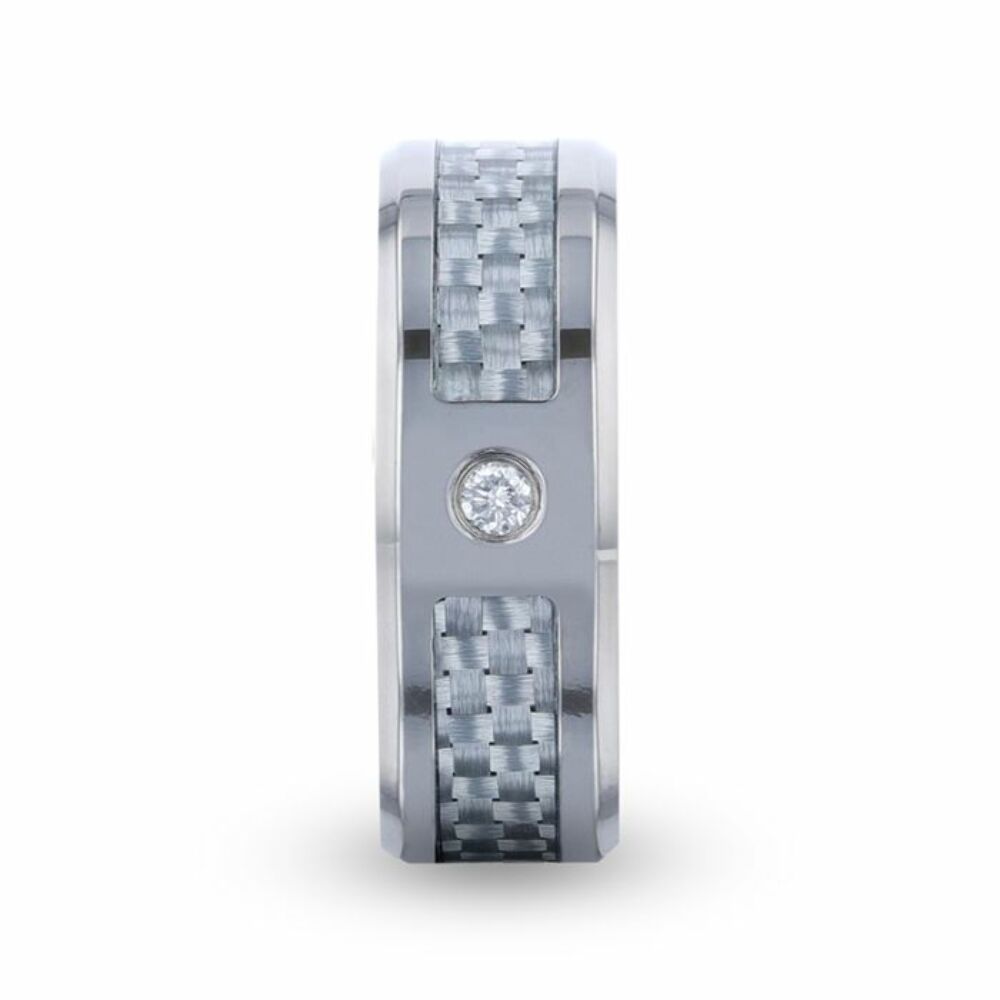 Mens Titanium Light Gray Carbon Fiber Diamond In The Squared Center Wedding Ring - Polished Beveled Comfort Fit - 8mm Wide - Style name: MAYBACH