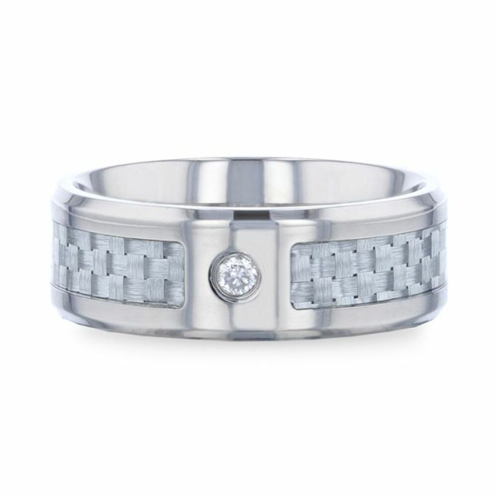Mens Titanium Light Gray Carbon Fiber Diamond In The Squared Center Wedding Ring - Polished Beveled Comfort Fit - 8mm Wide - Style name: MAYBACH
