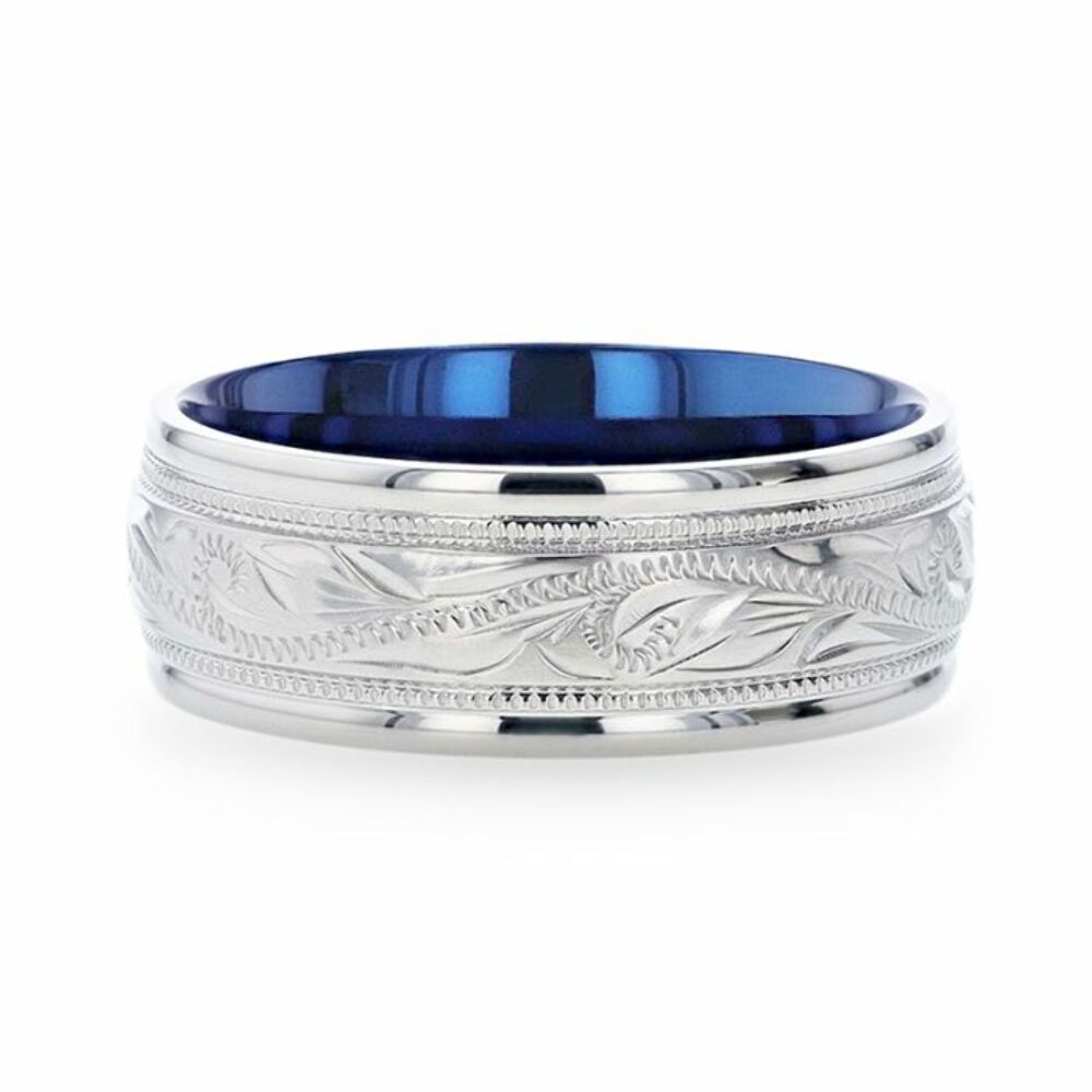 Mens Titanium Blue Plating Inside Wedding Ring - Brushed Finish Comfort Fit - 8mm Wide - Style name: MARINER
