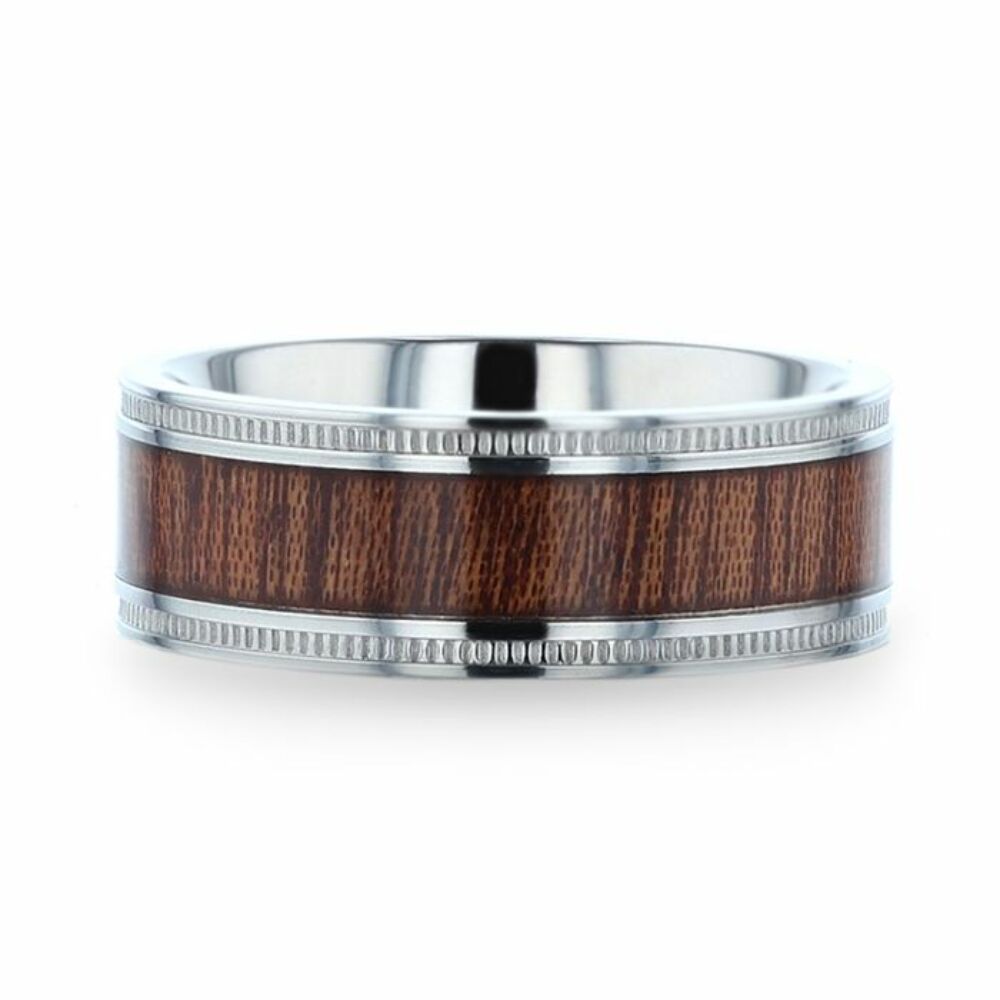 Mens Titanium Koa Wood Inlaid Milgrain Edges Wedding Ring - Polished Comfort Fit - 8mm Wide - Style name: MOCHA