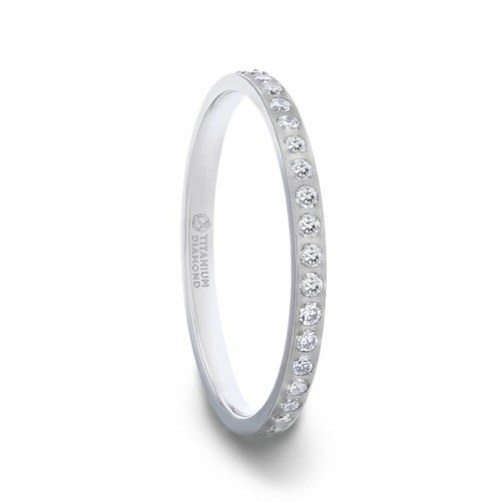 Womens Titanium Lab-Created White Diamonds Setting Eternity Wedding Ring - Flat Polished Comfort Fit - 2mm Wide - Style name: EMILIA