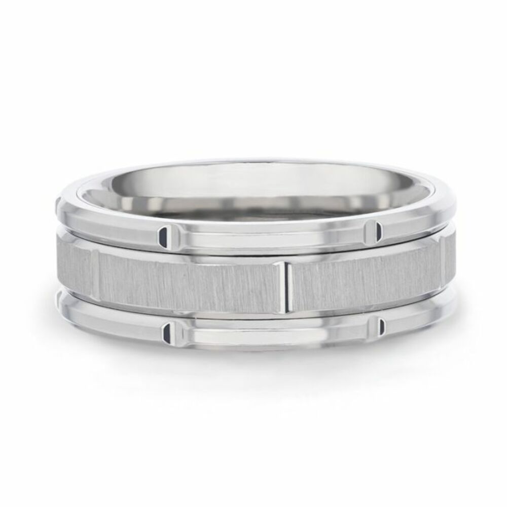 Mens Titanium Alternating Grooves Horizontal Etched Finish Wedding Ring - Beveled Polished Comfort Fit - 8mm Wide - Style name: WARRICK