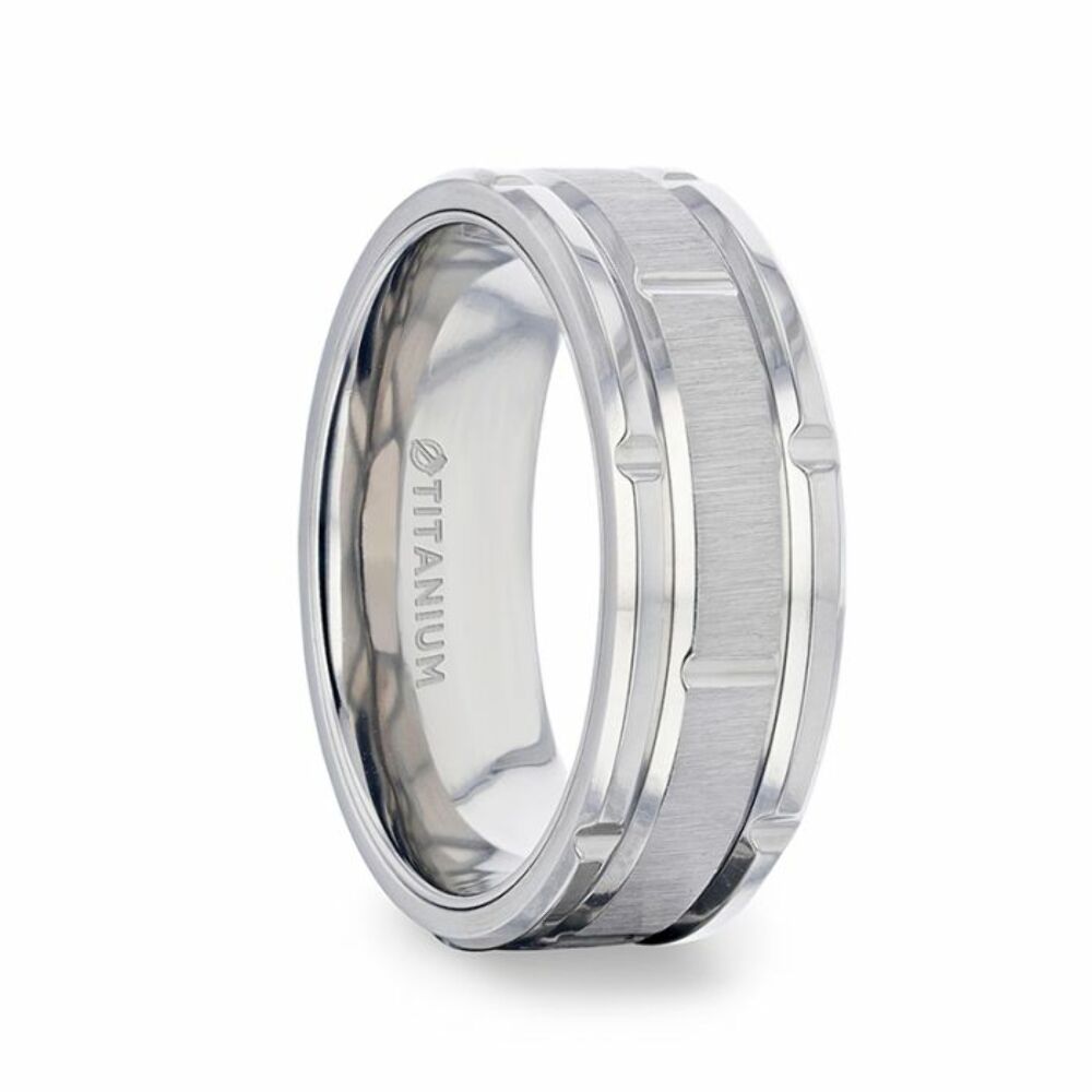 Mens Titanium Alternating Grooves Horizontal Etched Finish Wedding Ring - Beveled Polished Comfort Fit - 8mm Wide - Style name: WARRICK