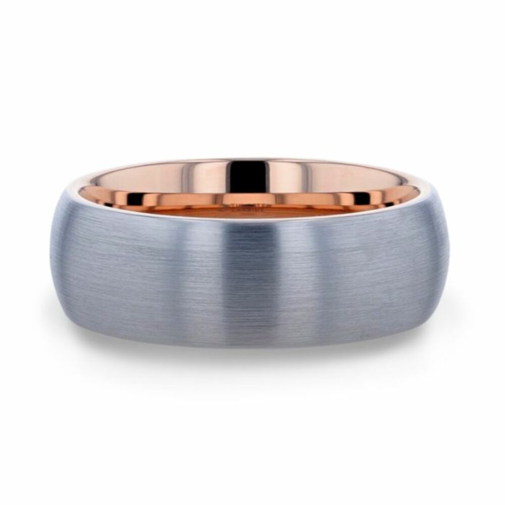 Mens Tungsten Carbide Rose Gold Ion Plating Interior Wedding Ring - Domed Brushed Comfort Fit - 8mm Wide - Style name: CAMERON