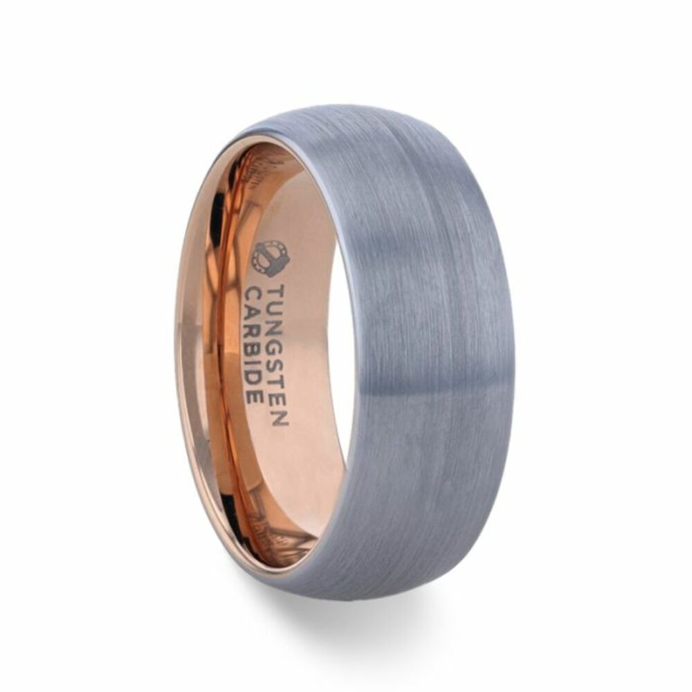 Mens Tungsten Carbide Rose Gold Ion Plating Interior Wedding Ring - Domed Brushed Comfort Fit - 8mm Wide - Style name: CAMERON