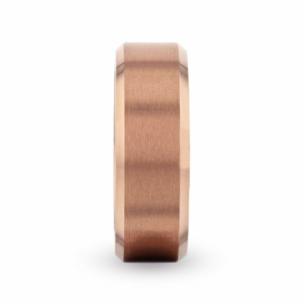Mens Titanium Rose Gold Plated Brushed Finish Center Wedding Ring - Polished Beveled - 8mm Wide - Style name: GLORY