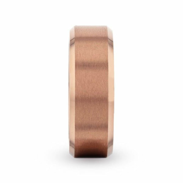 Mens Titanium Rose Gold Plated Brushed Finish Center Wedding Ring - Polished Beveled - 8mm Wide - Style name: GLORY