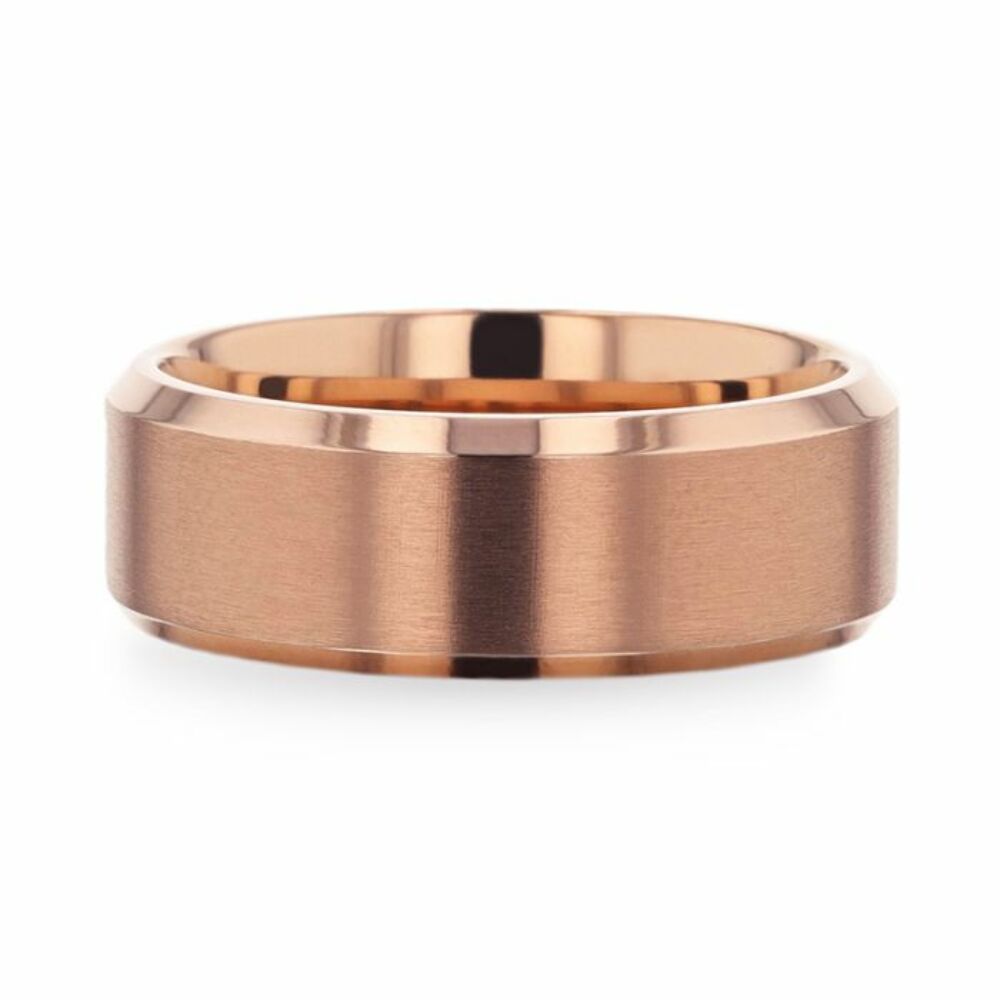 Mens Titanium Rose Gold Plated Brushed Finish Center Wedding Ring - Polished Beveled - 8mm Wide - Style name: GLORY