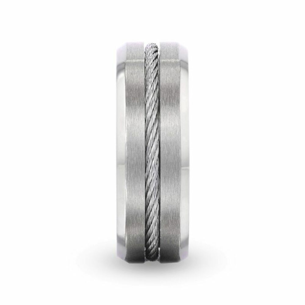 Mens Titanium Steel Cable Inlaid Brushed Center Wedding Ring - Polished Beveled Comfort Fit - 8mm Wide - Style name: ALBERT