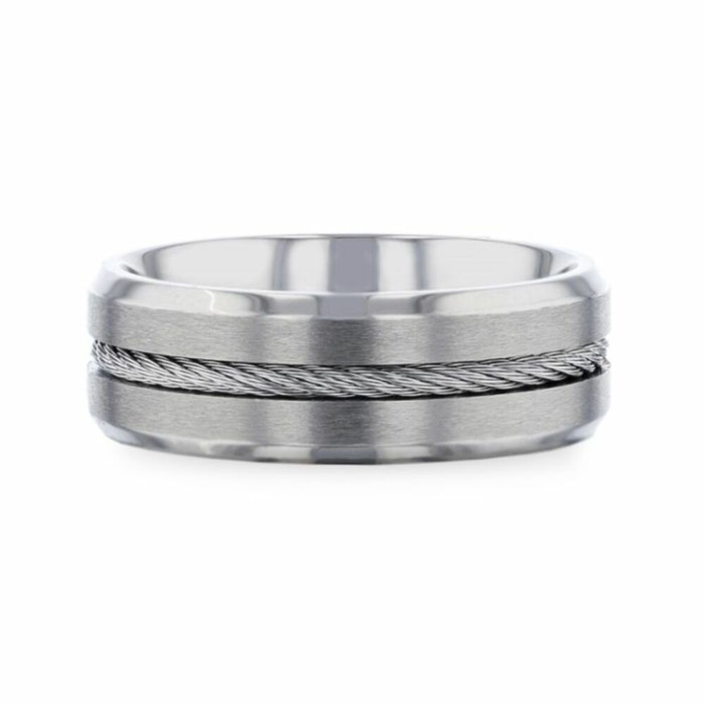 Mens Titanium Steel Cable Inlaid Brushed Center Wedding Ring - Polished Beveled Comfort Fit - 8mm Wide - Style name: ALBERT