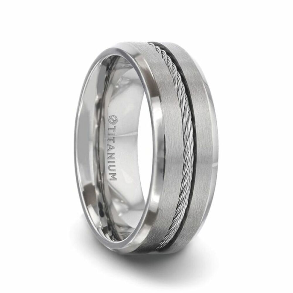 Mens Titanium Steel Cable Inlaid Brushed Center Wedding Ring - Polished Beveled Comfort Fit - 8mm Wide - Style name: ALBERT