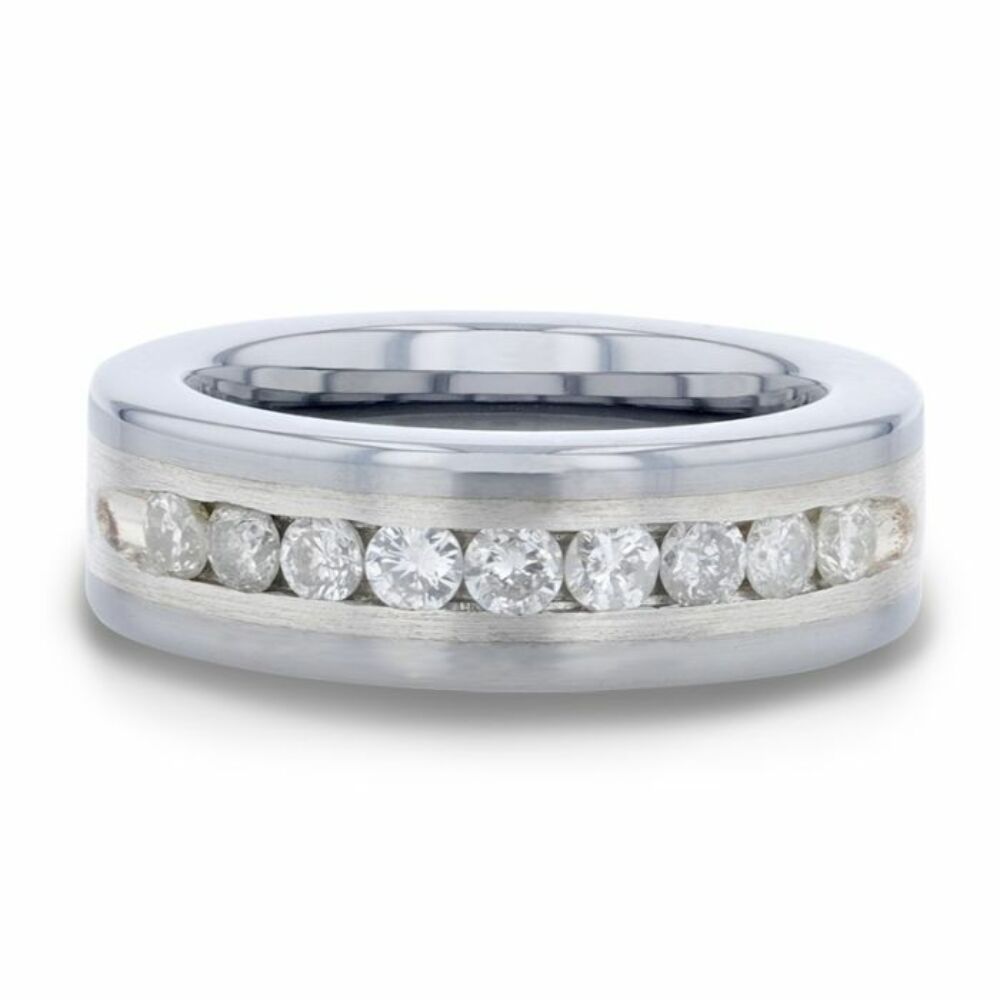 Mens Tungsten Carbide Flat Satin Finished Silver Inlay Channel Set Diamonds Wedding Ring - 8mm Wide - Style name: HOLDEN