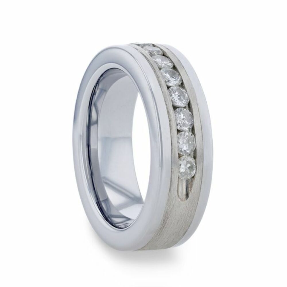 Mens Tungsten Carbide Flat Satin Finished Silver Inlay Channel Set Diamonds Wedding Ring - 8mm Wide - Style name: HOLDEN