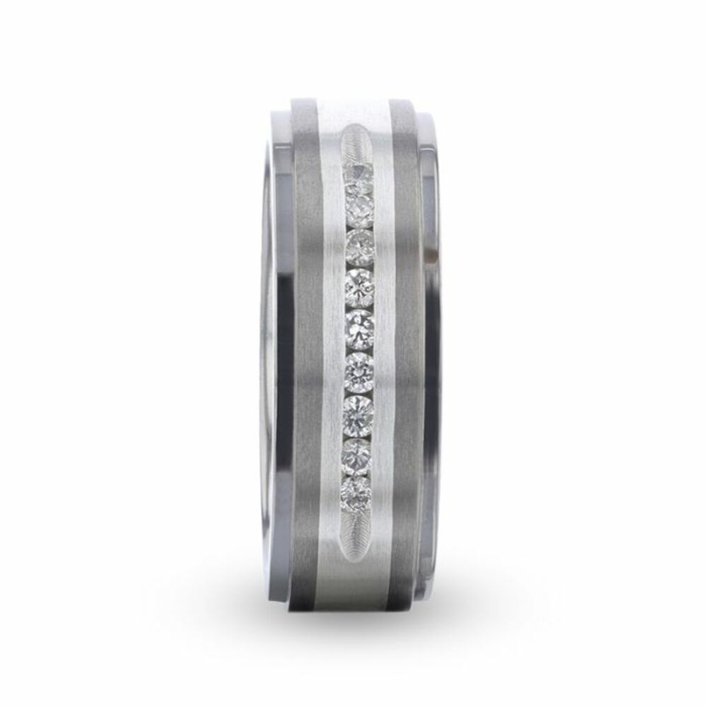 Mens Titanium 9 Channel Set White Diamonds Silver Inlaid Wedding Ring - Flat Brushed Comfort Fit - 8mm Wide - Style name: BOND