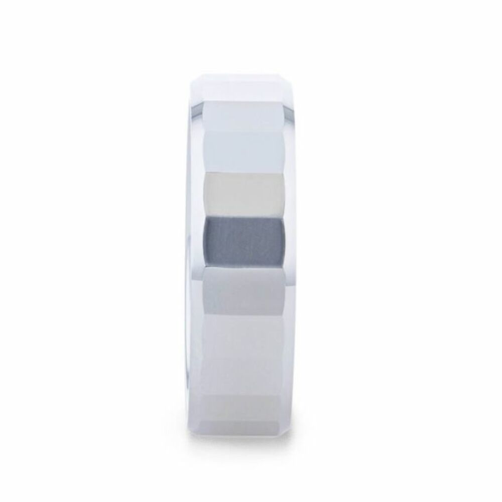 Mens Tungsten Faceted Polished Center Wedding Ring - Polished Beveled Comfort Fit - 8mm Wide - Style name: REFLECTOR
