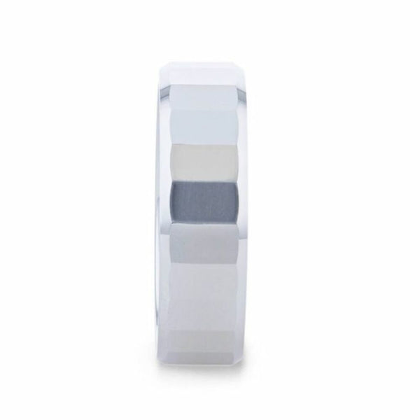 Mens Tungsten Faceted Polished Center Wedding Ring - Polished Beveled Comfort Fit - 8mm Wide - Style name: REFLECTOR